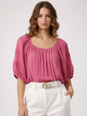 Pink Boho Blouse Elastic Neck Crochet Sleeve Chic Top